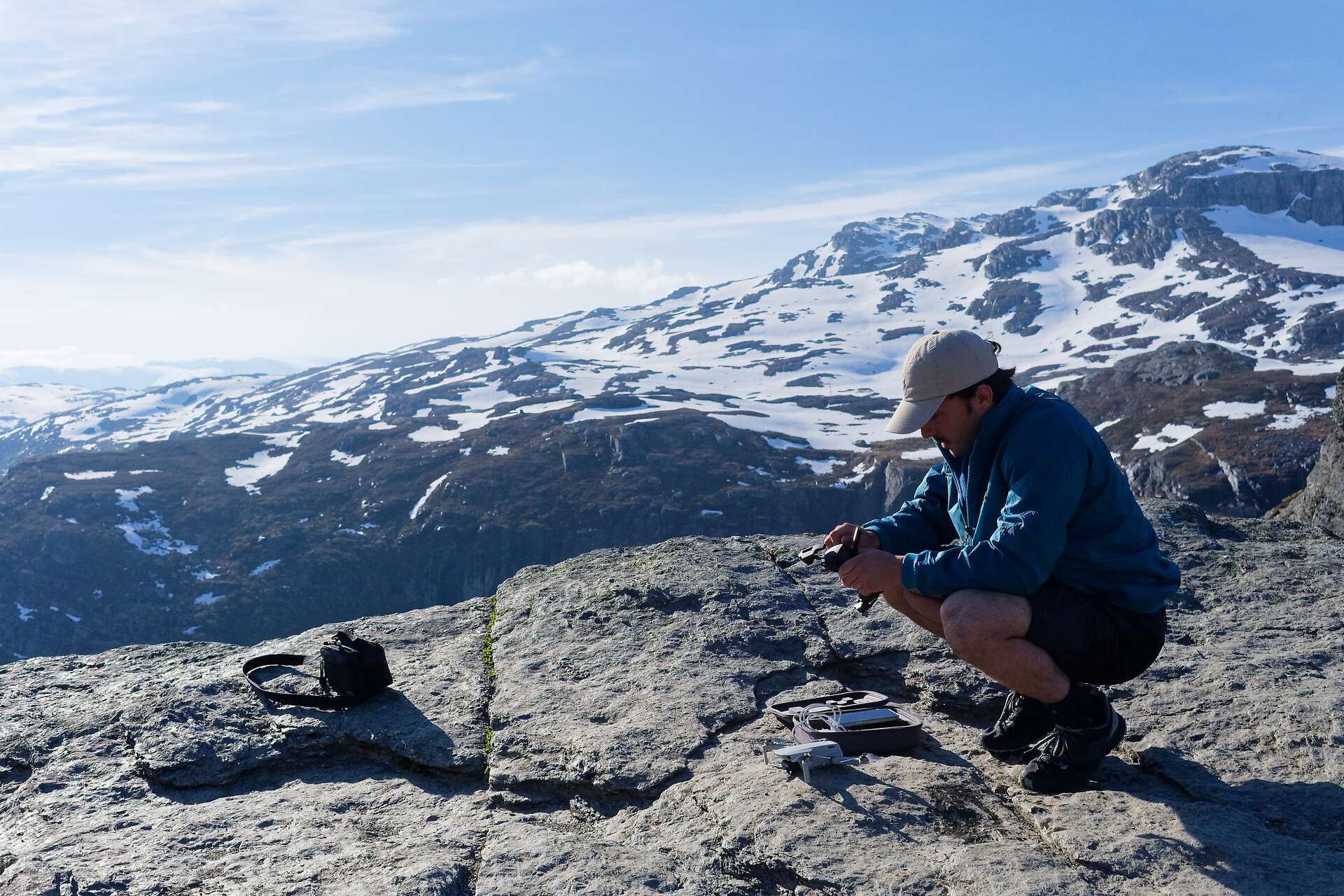 Arthur Calvi preparing a drone in the Norwegian mountains