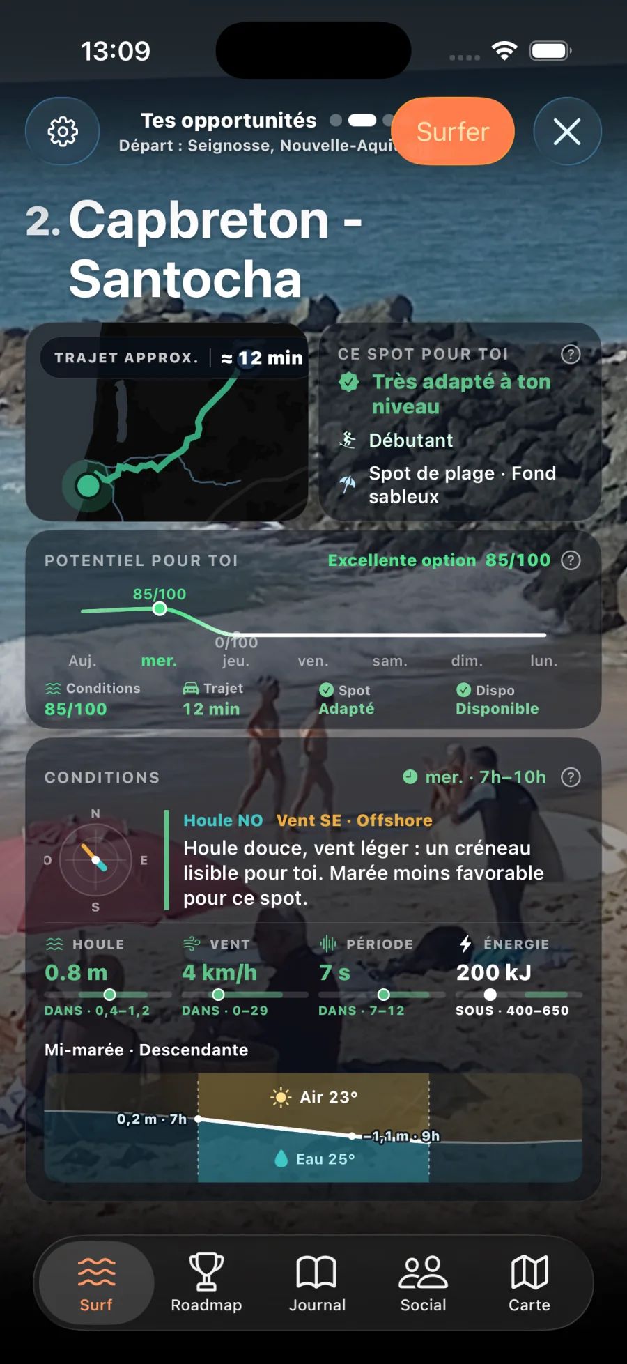 A DailySurf opportunity screen for Capbreton showing travel time, suitability for a beginner, availability, expected conditions, and an overall potential score