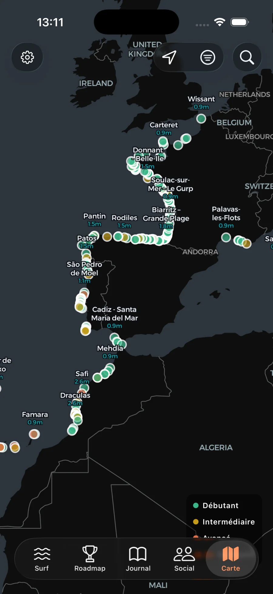 A dark map of the Atlantic coast from northern Europe to Morocco, with surf spots and wave heights marked along the shoreline