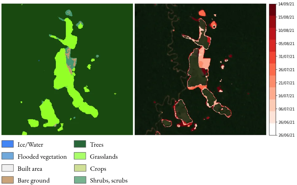Latest land-cover classification beside a satellite image where pink and red regions mark the first observed change date between June and September 2021