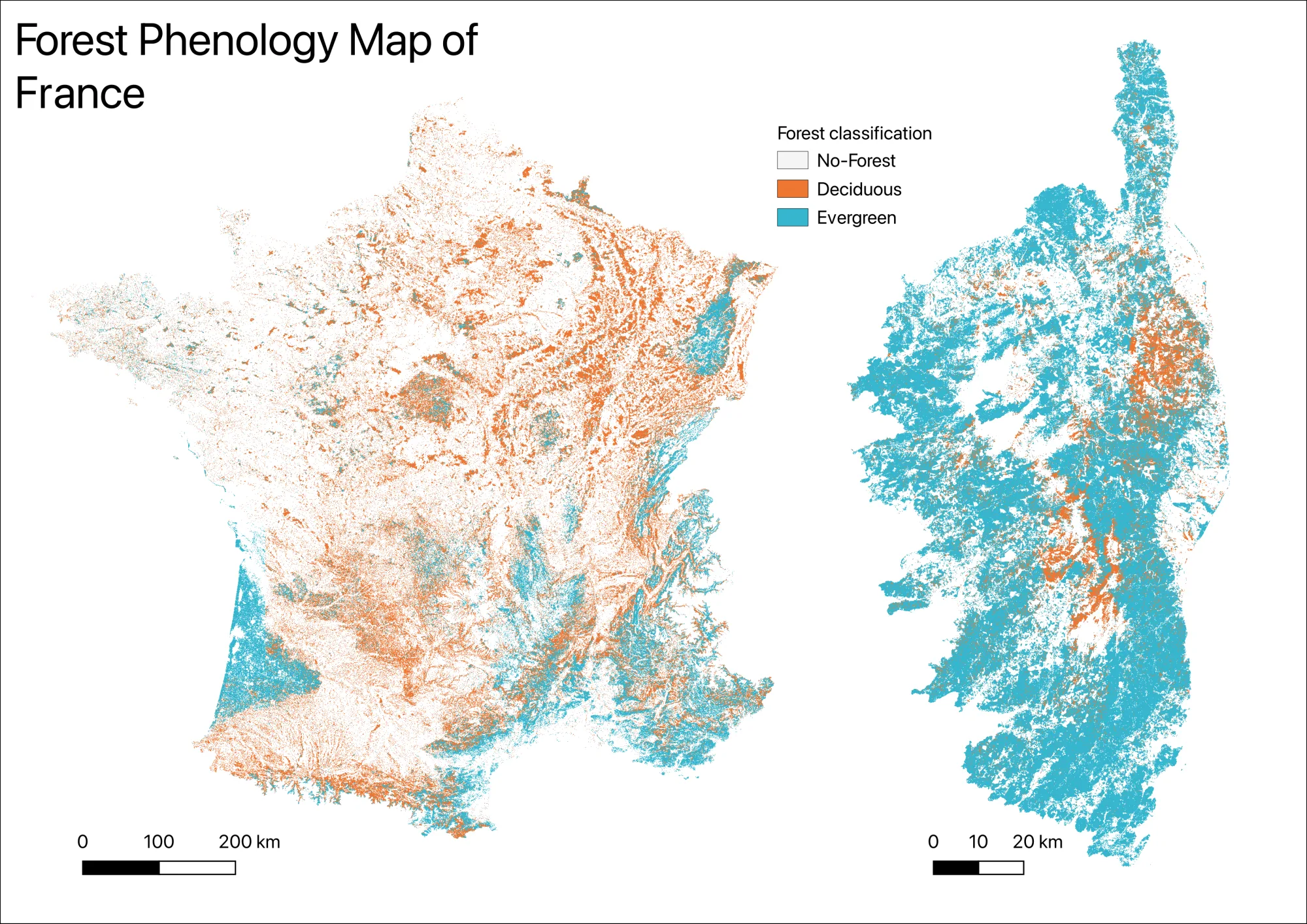 A 2023 map of metropolitan France and Corsica showing deciduous forest in orange and evergreen forest in cyan