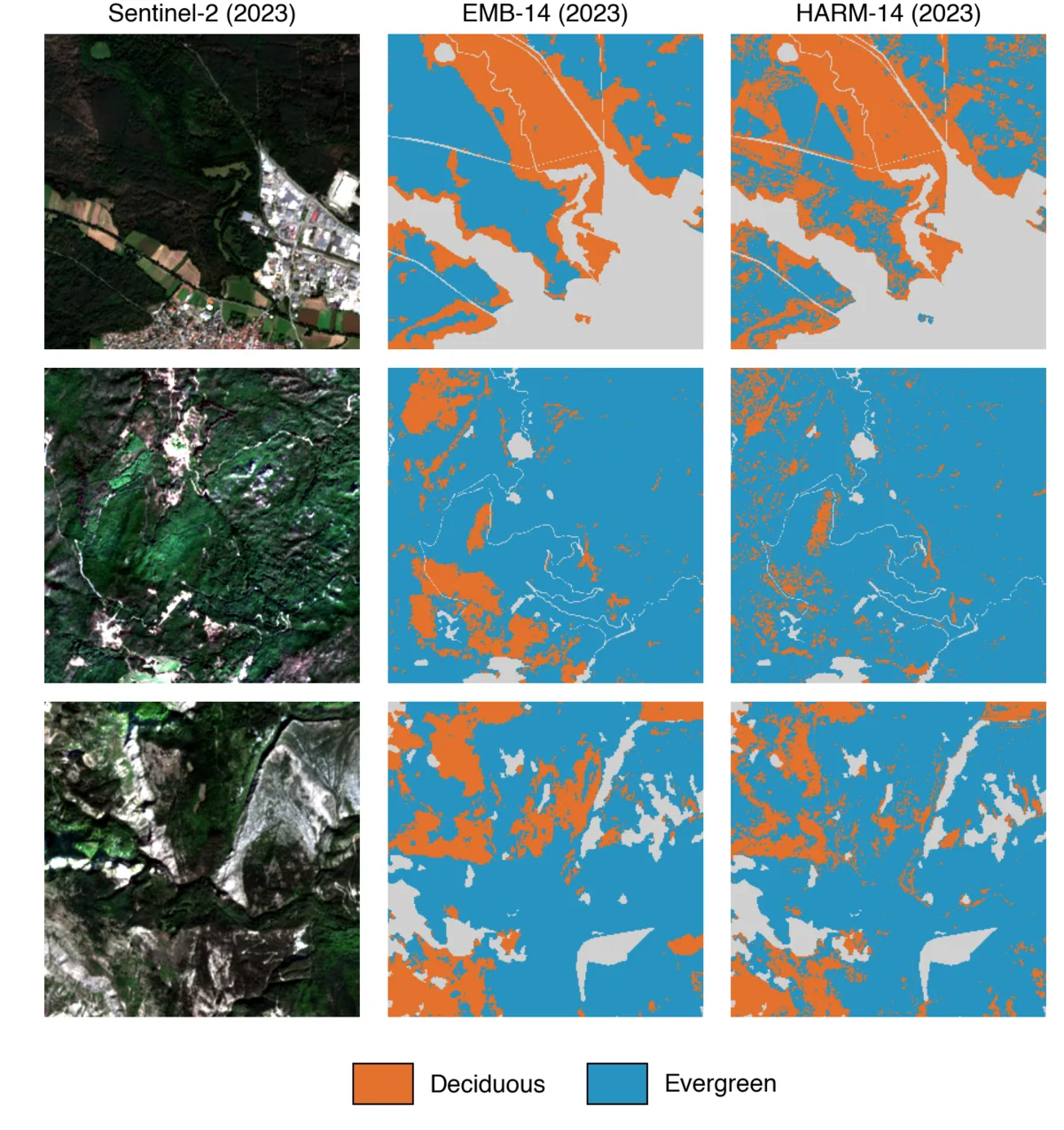 Three forest sites shown as satellite imagery, embedding-based classifications, and harmonic-based classifications; embedding maps form larger continuous stands while harmonic maps contain more isolated pixel changes